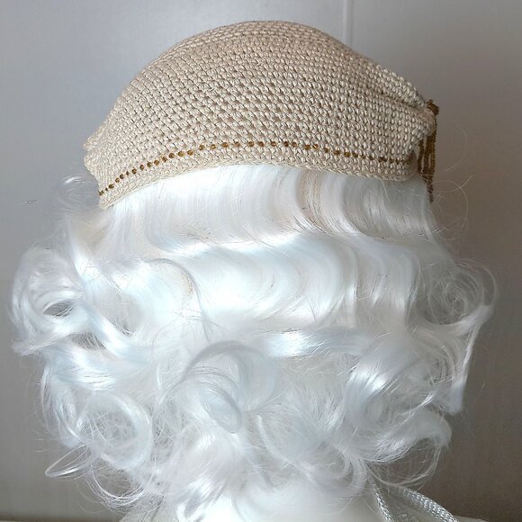 Vintage Hand-Crocheted Pillbox Fascinator Hat with golden beaded tussle - Picture 12 of 12